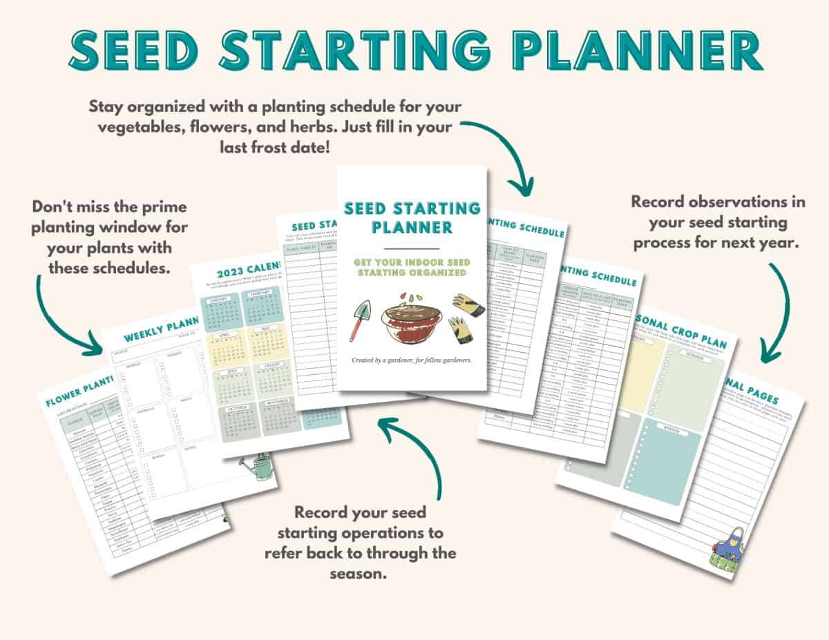 mock up of digital seed starting planner. 9 pages with captions, the pages have schedules and charts on them.