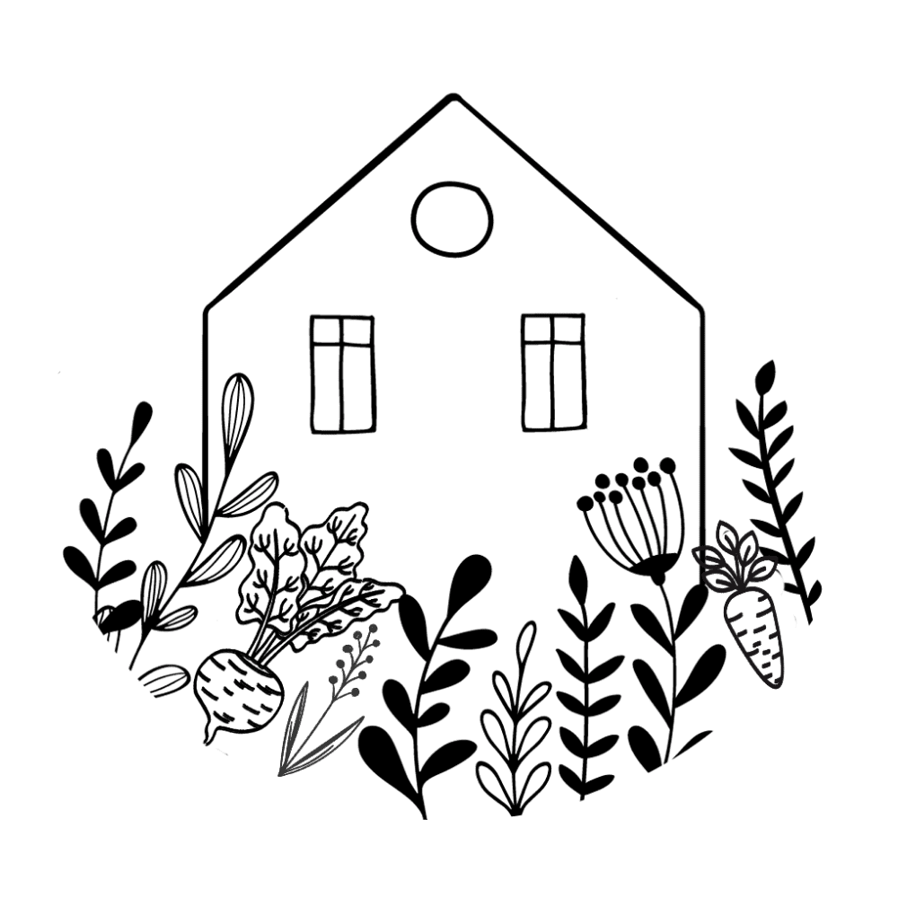 logo in the shape of a house with flowers and vegetables in front of it