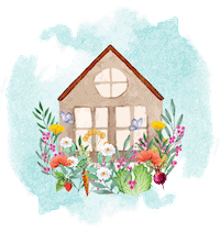 watercolor image of a brown house surrounded with flowers