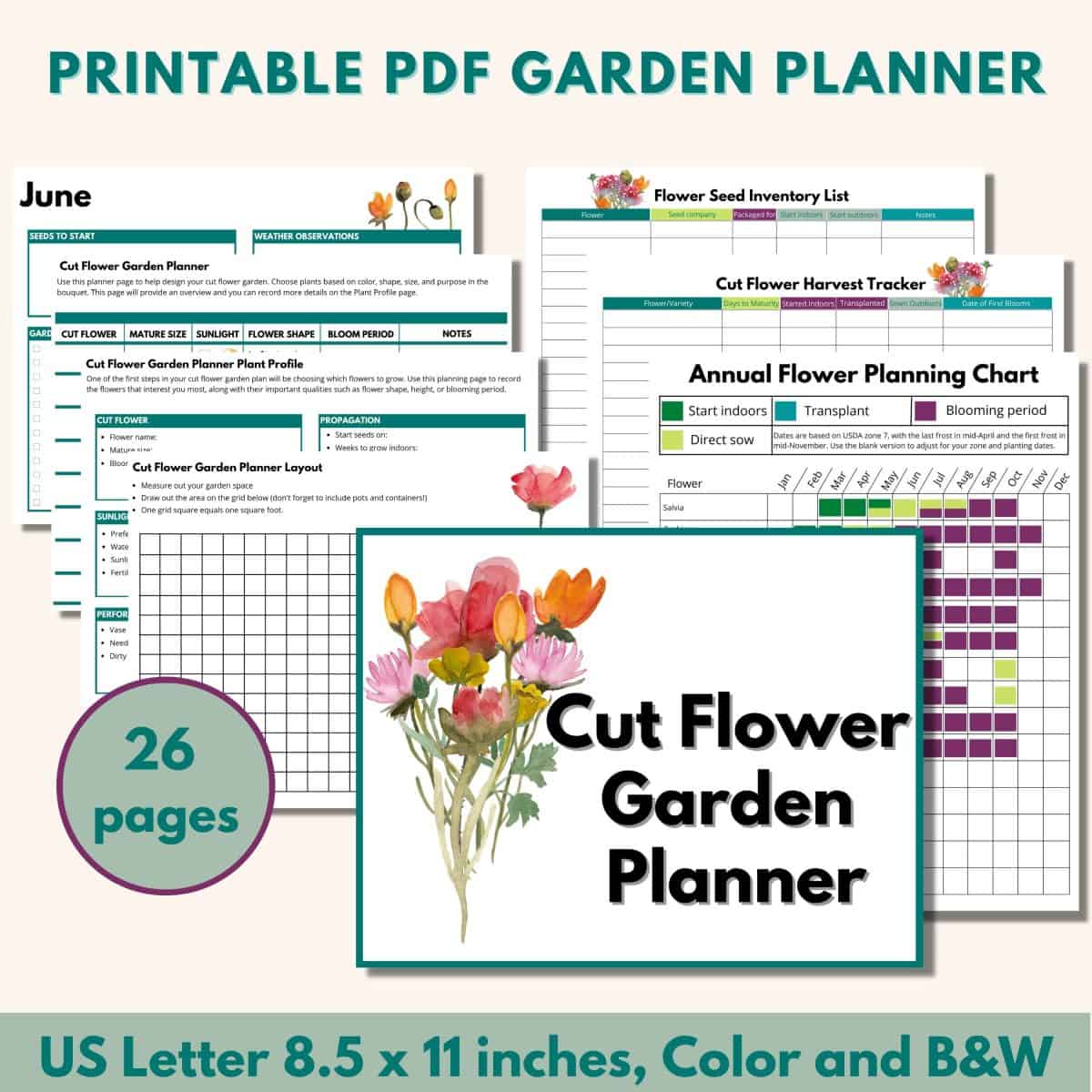 image of a PDF garden planner with 10 sample pages